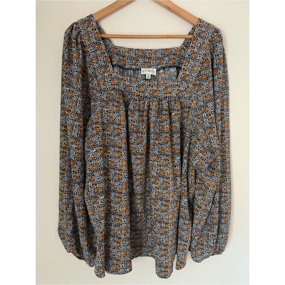 Wonderly Floral Smocked Square-Neck Peasant Top Mustard Navy 3X